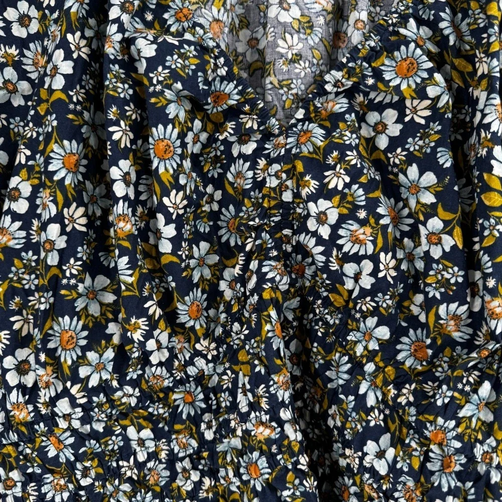 Old Navy Babydoll Peasant Smocked Top Womens XL Tall Blue Floral Puff Sleeve NEW
